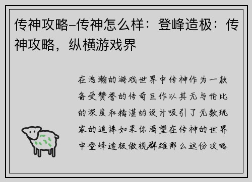 传神攻略-传神怎么样：登峰造极：传神攻略，纵横游戏界